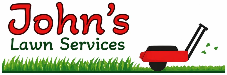 John's Lawn Services logo: red lettering above green lawn grass with a red push mower